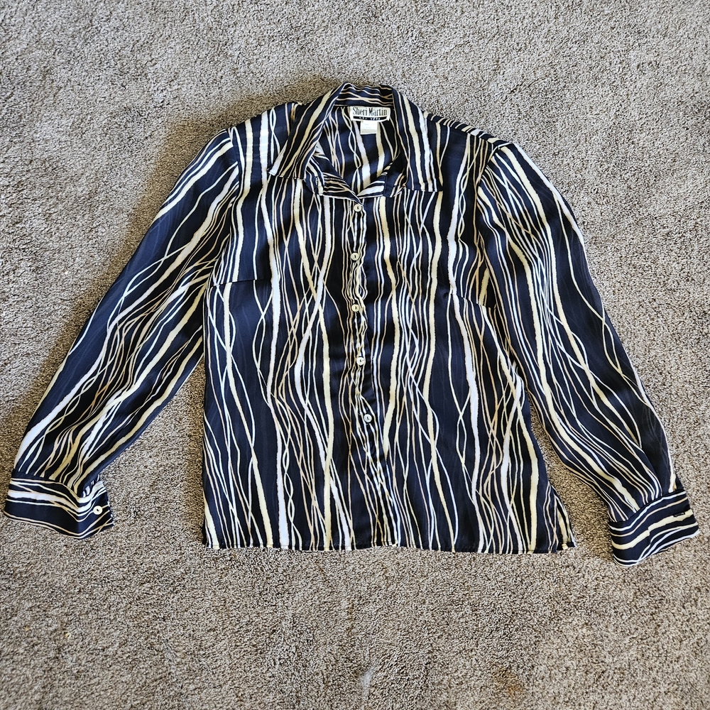 Vintage Sheri Martin Navy and Beige Patterned Blouse Size 10